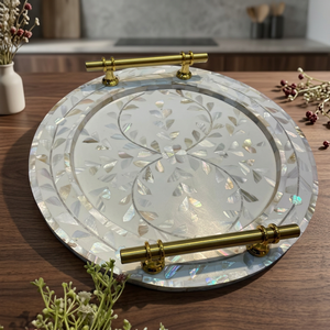 Bandeja Redonda LORD con Incrustaciones de Madreperla y Asas de Latón, Plato Decorativo para Mesa, de Uttar Pradesh - Product Image 4