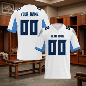 Maillot de football américain personnalisé blanc et bleu, col en V, manches courtes, anti-humidité, impression par sublimation, pour homme adulte, nom d'équipe 00 - Product Image 4