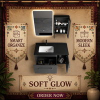 Meuble-lavabo de salle de bain moderne noir mat flottant à cannelures avec miroir rétroéclairé par LED, armoire latérale et porte cannelée, lavabo intégré