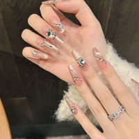 Diseño # 2510 # 2512 Uñas Postizas Francesas Hechas a Mano con Diamantes 3D, Forma Ataúd Larga, Resistentes al Agua, Reutilizables, de Lujo, con Efecto Ojo de Gato