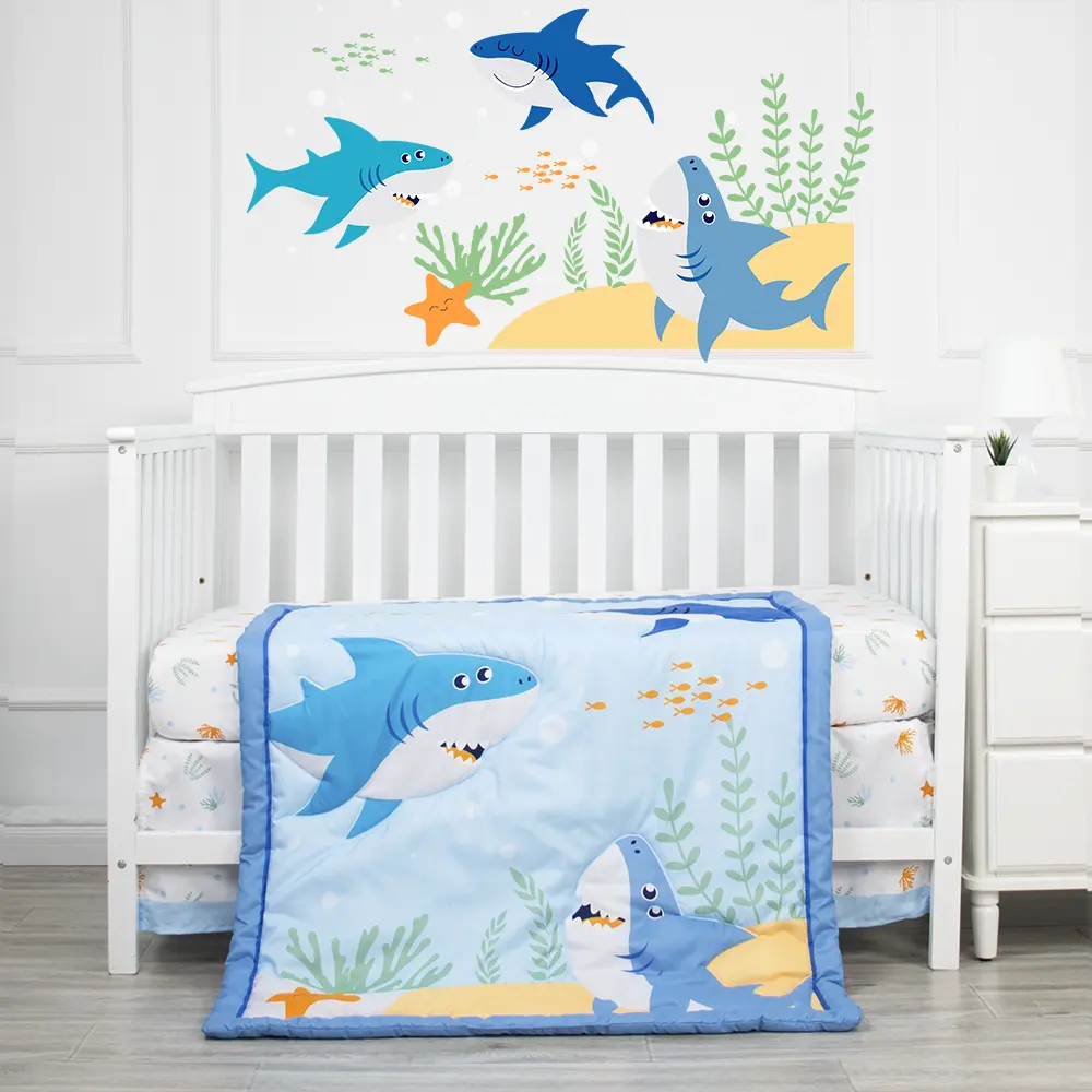 Set Tempat Tidur Bayi Laki-laki, Set Pola Kartun Hewan Hiu Laut Tema Biru Balita Laki-laki 100% Katun