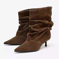 Bottines en daim pour femmes, style décontracté, bout pointu, talon chaton, froncées, à enfiler, bottes tendance, chaussures d'automne et d'hiver, marron, noir