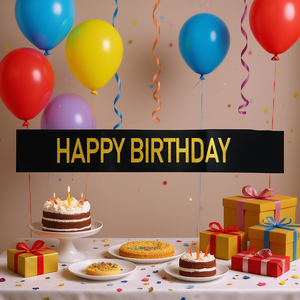 Bandeau Joyeux Anniversaire Party Love, lettrage noir et or, rectangulaire, en plastique, décorations de fête d'anniversaire pour usage intérieur - Product Image 2