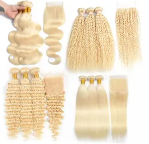 Bundle di capelli vergini biondi russi all'ingrosso al 613, fornitore di capelli allineati con cuticole vergini grezze al 613, estensione dei capelli umani biondi al 100% al 613