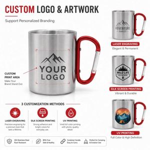 Wholesale 220ml 300ml Outdoor Camping Coffee Travel Mug Double Wall Promotional Gift Custom Stainless Steel Carabiner Handle Cup - Product Image 4