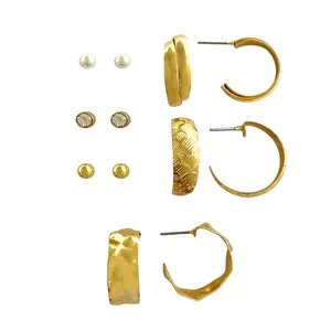 Metallic geometric C round earrings set Pearl rhinestone crystal stud earrings suitable for women wholesale