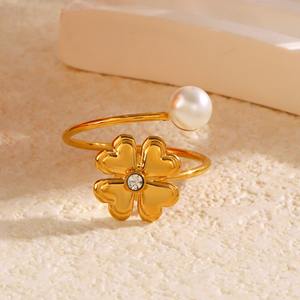 Mode Europe et américain diamant amour fleur perle ouverte bague réglable femme minorité 18K plaqué or bague en gros - Product Image 1