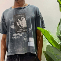 T-shirt Homme TOPSHOW en Coton Délavé Style Rétro Urbain avec Trous et Imprimé Lettres, Coupe Oversize, Idéal Été