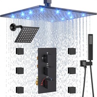 HOMEDEC Ensemble de douche mural carré LED 12 pouces à montage au plafond, avec pommeau de douche pluie, mitigeur 4 voies 6 pouces, douchette à main et 6 jets latéraux, noir
