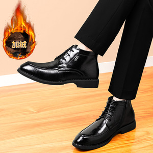 รองเท้าบูทหุ้มข้อบุขนแกะสำหรับผู้ชาย สีดำ สำหรับฤดูหนาว อุ่นสบาย รองเท้าทางการแบบหุ้มข้อ ปลายแหลม ส้นเตี้ย ไซส์ผู้ใหญ่ 38-46 - Product Image 2