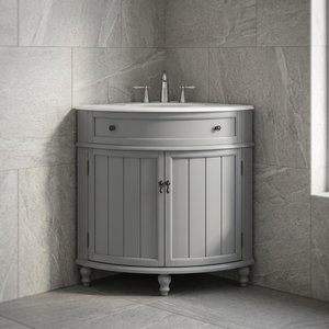 Meuble-lavabo d'angle gris moderne de 24 pouces en verre ignifuge avec dessus en pierre naturelle et quartz artificiel et lavabo en céramique - Product Image 3