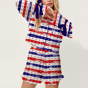 Independence Day <strong>Patriotic</strong> Red Blue Stripe Star Print Long Sleeve Shirt <strong>Shorts</strong> Two Piece Pajama Set Women - Product Image 1
