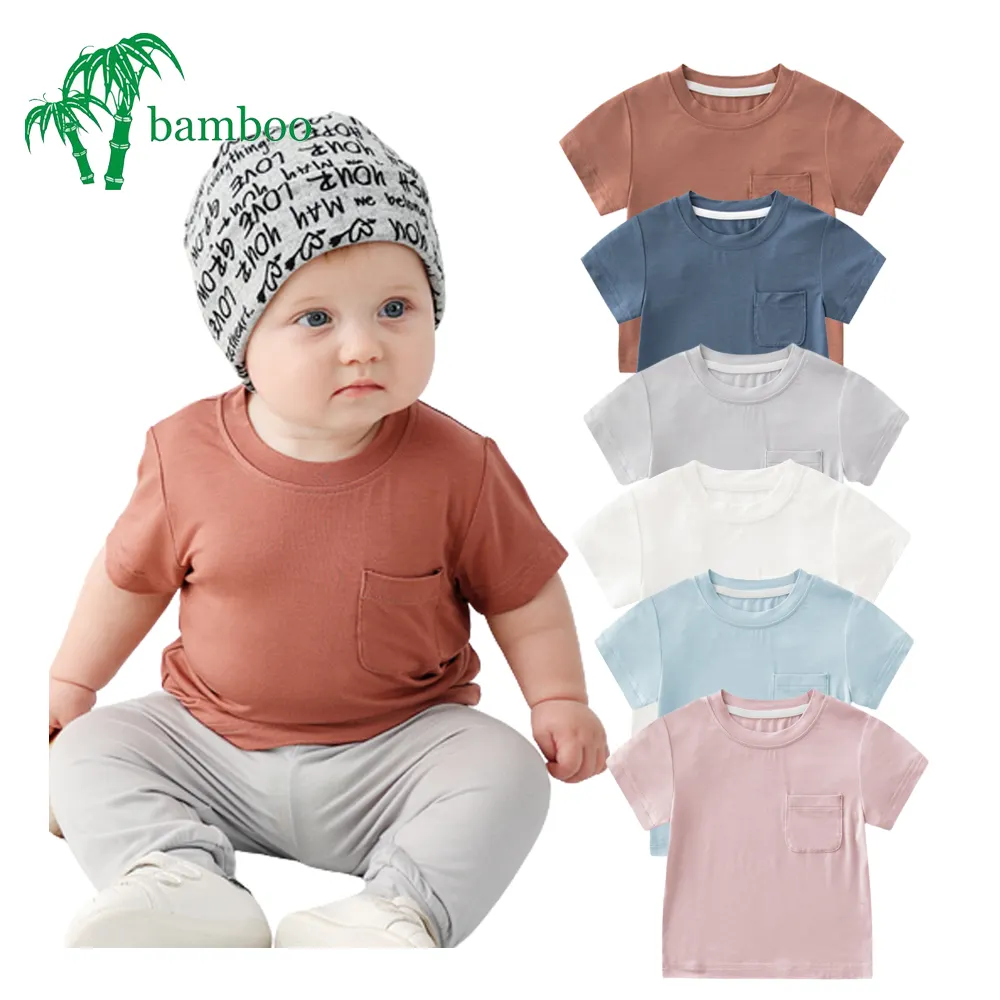 2024 Logotipo personalizado infantil criança de manga curta do bebê t Camisas bolso frontal bambu baby boy t camisas