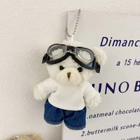 Porte-clés Ours en Peluche Mignon avec Lunettes, Mini Poupée en Peluche Ours en Jean et T-shirt Blanc