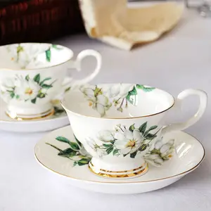 Wholesale Turkish nordic European luxury fine bone china ceramic pink rose flower porcelain coffee tea cup and saucer set