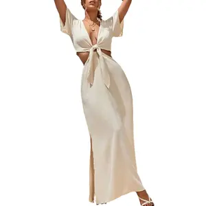 Custom Designer Female High Quality New Fashion 1 Piece Lady Summer Trending Tie Front Split Hem Women Long Maxi Dress 2022