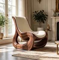 Fauteuil lounge moderne en bois courbé avec coussin rembourré crème, design artistique, fauteuil d'appoint pour salon, chambre, hôtel