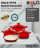Ensemble de Batterie de Cuisine en Fonte Émaillée Antiadhésive, Set de 7 Pièces Comprenant Cocottes, Casserole, Poêle et 3 Couvercles