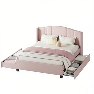 Lit plateforme rembourré Queen Size avec tête de lit à volants, lit gigogne double, 2 tiroirs, tissu en lin, lit moderne et confortable - Product Image 1