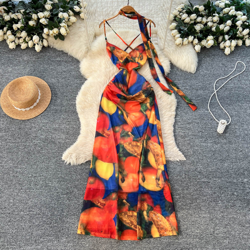 chinese dress ladies Paintcolors Women's Halter Sleeveless Long Maxi Dress Backless Casual Loose  Ombre Summer Beach Chiffon Flowy Sundress