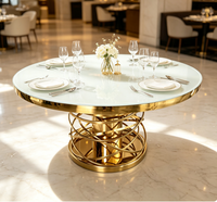 Table de mariage ronde en acier inoxydable doré avec plateau en verre trempé blanc, table de banquet de luxe pour location événementielle