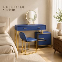 Ensemble coiffeuse avec cadre en bois massif, finition bleue capitonnée, miroir LED trois couleurs, armoire à trois tiroirs, meuble de chambre à coucher