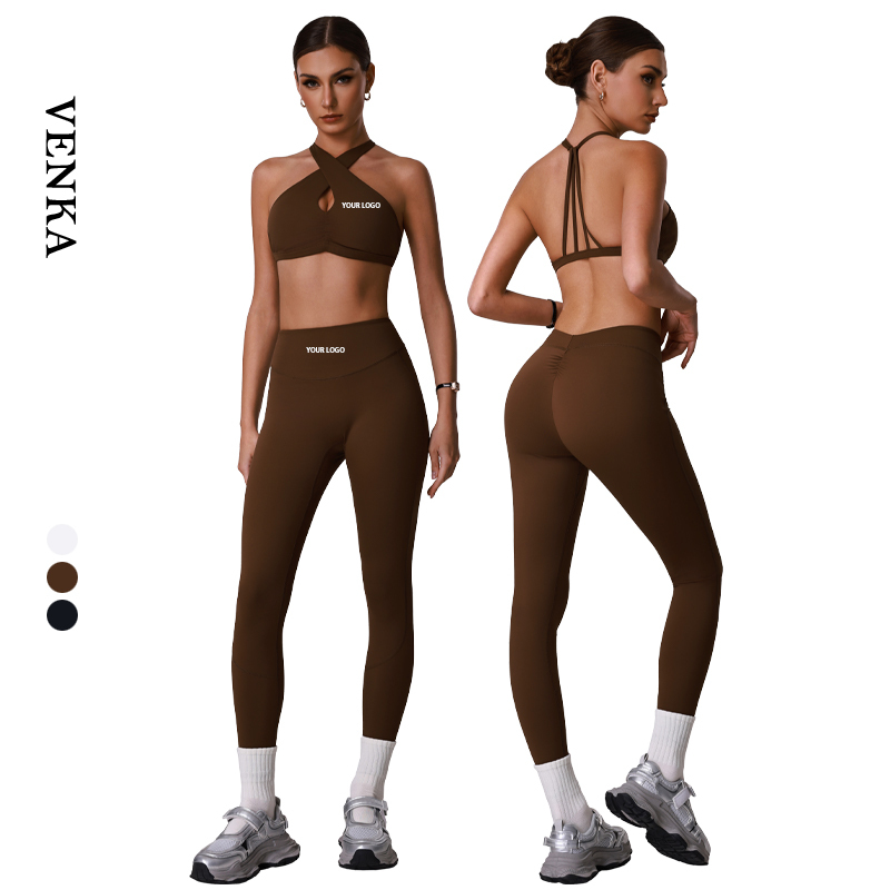 Women Sexy Breathable Yoga Set Halter Neck Cross Design High Waist Hollow Out Beautiful Back Bra Quick Dry Butt Lift Leggings
