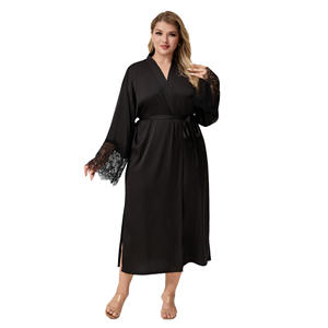 Bata de Dormir de Satén y Chifón para Mujer, Estilo Sencillo y Elegante con Ribete de Encaje, Manga Larga, Talla Grande, Ropa de Estar Suave - Product Image 1