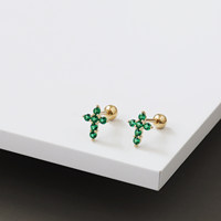 Boucles d'oreilles clous croix en zircon cubique vert plaqué or 14 carats, bijoux tendance, boucles d'oreilles piercing hélix en argent sterling 925