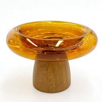 Mangkuk Buah Kaca Amber dengan Alas Kayu, Mangkuk Sajian Kaca Dekoratif Tiup Manual untuk Camilan, Kacang, Makanan Penutup, Dekorasi Meja Rumah