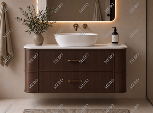 Ensemble de meuble-lavabo flottant <span class=keywords><strong>MEBO</strong></span> brun foncé cannelé et courbé avec lavabo vasque blanc, miroir LED rétroéclairé et armoire murale - Product Image 3