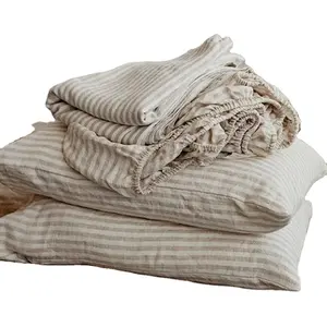 Wholesale washed linen stripe fabric french linen bedding 100% linen sheet bulk bedding