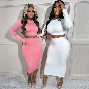 Trend ing Long Skirt Zweiteiliges Set Frühling Damen bekleidung Fashion Solid 2-teiliger Freizeit rock Anzug Logo Bedrucktes Maxirock-Set - Product Image 1