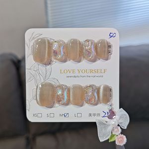 <span class=keywords><strong>Faux</strong></span> ongles à presser Champagne Cat Eye courts carrés avec breloques <span class=keywords><strong>en</strong></span> <span class=keywords><strong>papier</strong></span> verre irisé, réutilisables pour la revente - Product Image 3