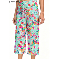 Pantalon large court ultra doux pour femme, imprimé floral menthe rose vif, taille haute, effet ventre plat, idéal yoga et détente, coupe culotte douce