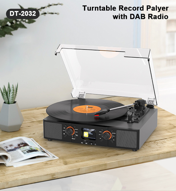 3 Speed Vinyl Turntable Built-in Speakers DAB Radio Bluetooth 5.0 USB TF Recording LCD Home Audio Player