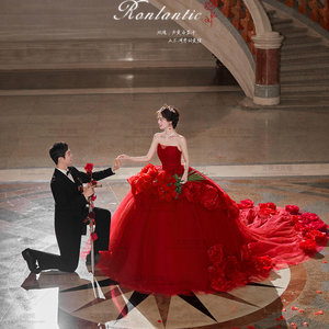 Red Strapless Ball Gown Wedding Dress Princess Waistline Long Train Floral Print For Indoor Studio Couple Photoshoot - Product Image 5