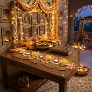 Chemin de table décoratif artisanal traditionnel indien écologique pour Diwali et Noël, motifs lotus, avec bougie chauffe-plat intégrée - Product Image 1