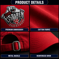 Gorra de Béisbol Estructurada de 6 Paneles de Lujo Personalizada, Logotipo Bordado Multicolor, Sarga de Algodón Roja, Hebilla Ajustable de Cobre Plateado