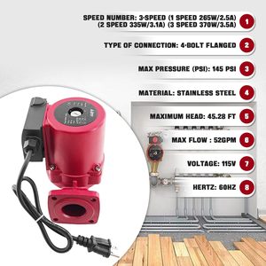 Pompe de circulation WWEIQI UPS26-150SF 1/2 HP 115V 3 vitesses en acier inoxydable pour recirculation d'eau chaude - Product Image 4
