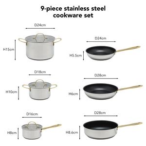 Toptan özel altın renk kolları 9 parça paslanmaz çelik indüksiyon güvenli tencere ve tavalar toksik olmayan mutfak tencere seti - Product Image 2