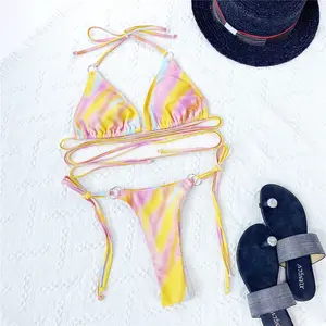 Frauen Regenbogen Print Halfter Dreieck Krawatte Seite Bikini Set zweiteilige Badeanzüge