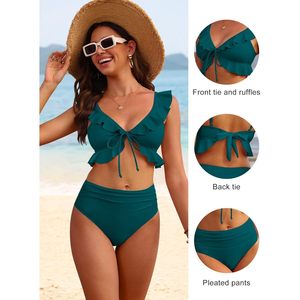 FOXA Women High Waisted <b>Bikini</b> <b>Set</b> Two Piece Ruffled Self Tie Swimsuit Deep V Neck Bandeau Swimwear 2026 Summer Beachwear - Product Image 4