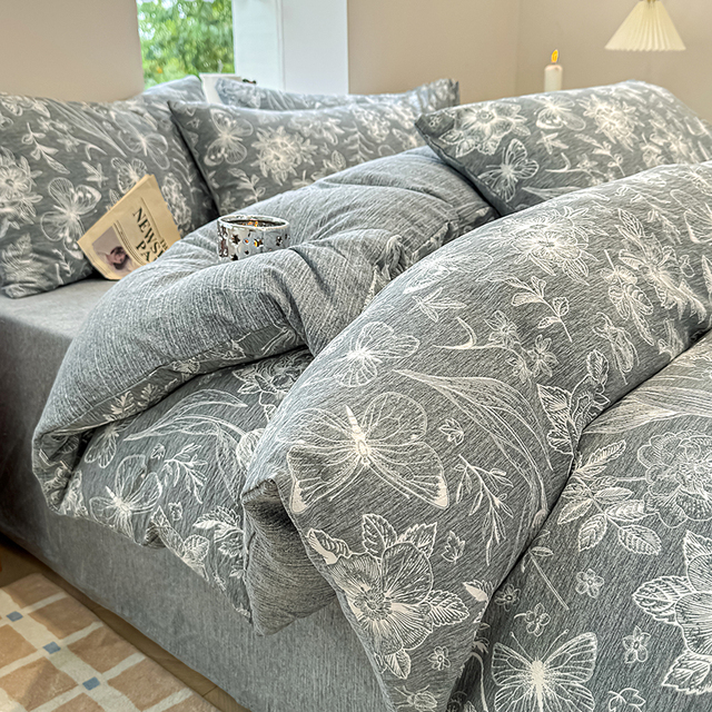 Wholesale Simple Jacquard All-Season Customizable Thickened Linen Raw Linen Double Yarn Printing Four-piece Bed Sheet Duvet