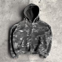 OEM Veste réversible zippée camouflage vintage oversize à épaules tombantes pour homme, et Hoodie court coupe carrée en tricot gaufré camouflage délavé à l'acide pour homme