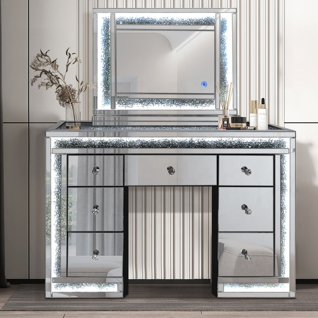 Top Seller Crushed Diamond LED Mirrored Dressing Table Bedroom Contemporary High Quality New Design Source Factory Direct Sale