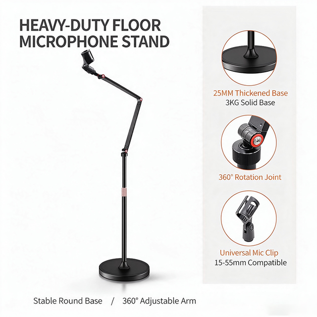 Heavy Duty Microphone Stand, Stable Floor Standing Mic Stand with Weighted Base, 360° Rotation Adjustable Boom for Stage Studio
