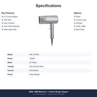 Sèche-cheveux ionique 1800W avec moteur DC, fonction air froid, concentrateur, filtre amovible, protection contre la surchauffe, OEM ODM