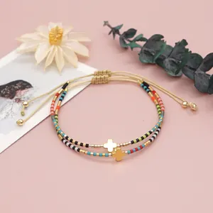 Gelang Manik-manik Miyuki Gaya Boho Go2Boho untuk Wanita Gelang Salib Perhiasan Gelang Pesona Warna-warni Femme