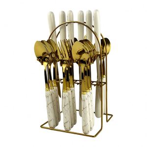 Ensemble de couverts en céramique marbrée de haute qualité avec manche doré, couteau, fourchette et cuillère en acier inoxydable, 24 pièces, coffret cadeau - Product Image 1